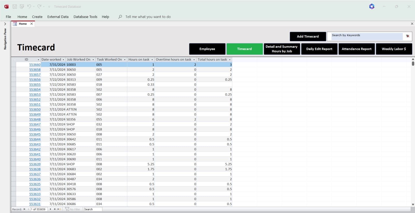 MS Access Employee Timecard Tracking System Timecard Entry and Tracking