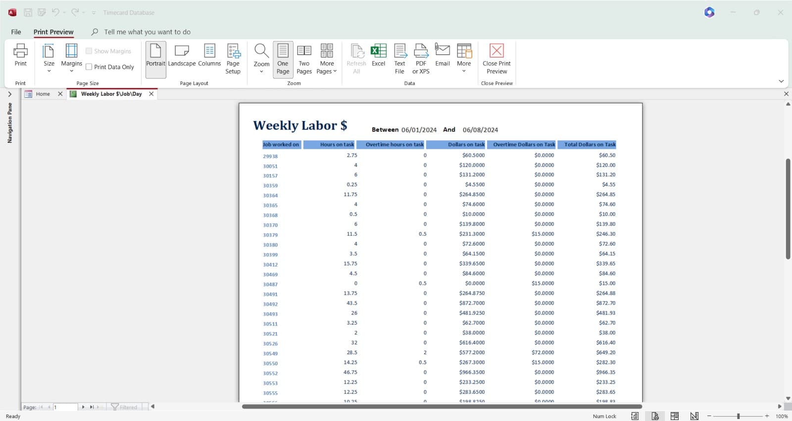 MS Access Employee Timecard Tracking System Timecard Weekly Labour report