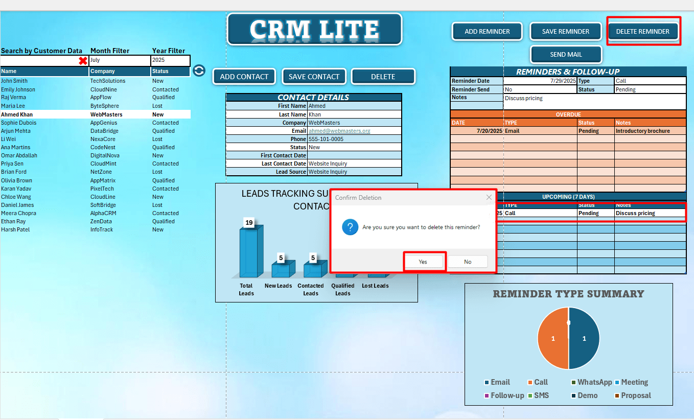 Delete Reminder in Excel CRM Lite