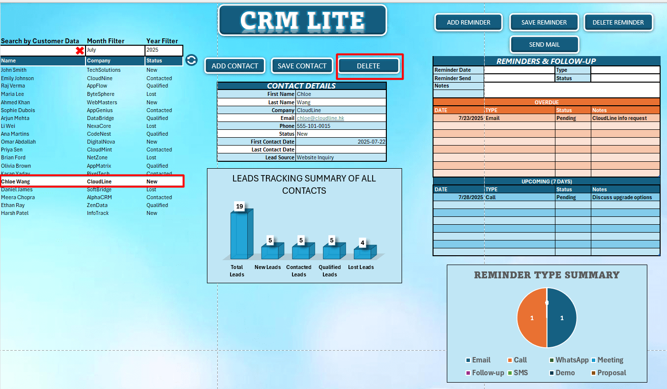 Delete Contact in Excel CRM Lite