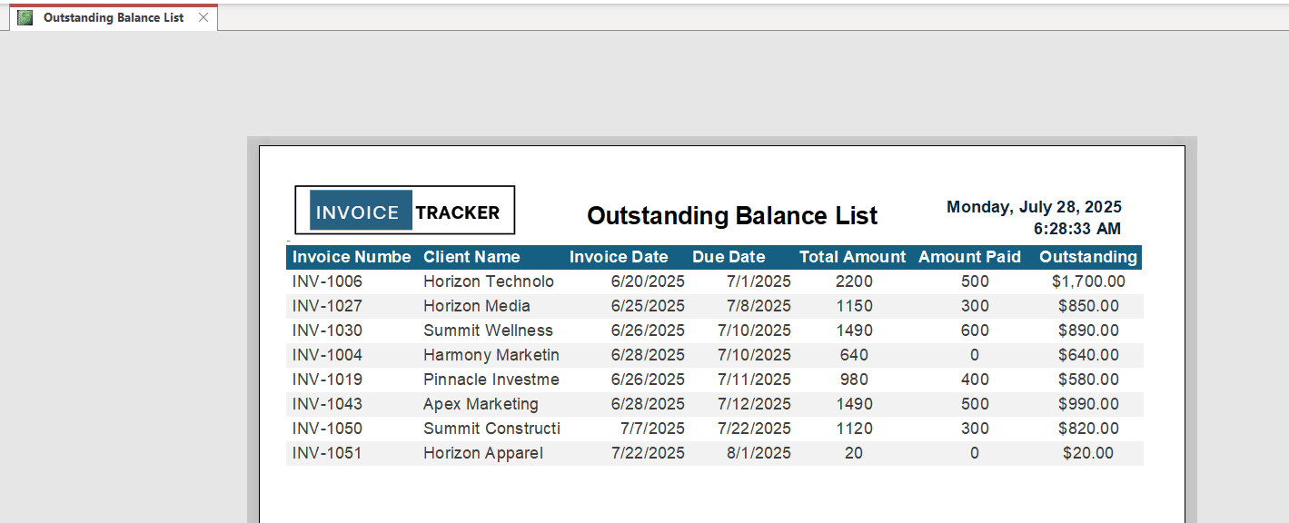 View Outstanding Step 5 – Invoice Payment Tracker