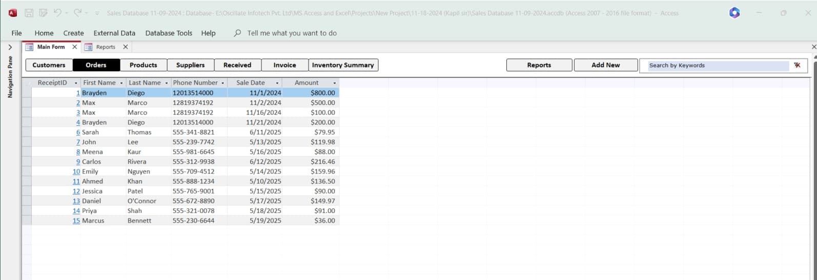MS Access Retail Business Management System Orders(sales) database