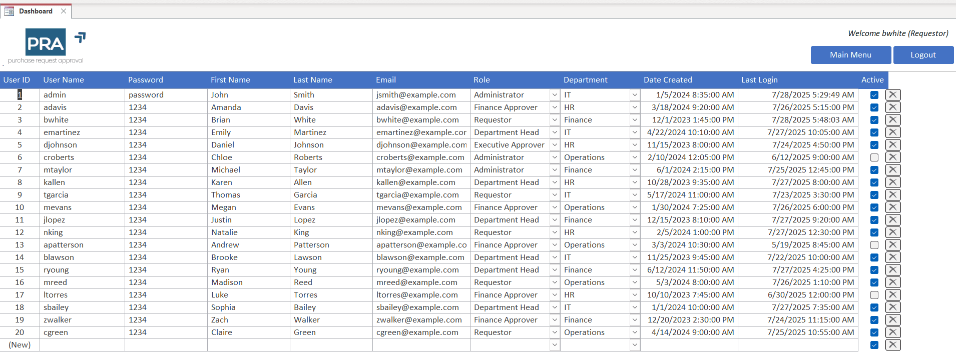 User Roles & Permissions Screen
