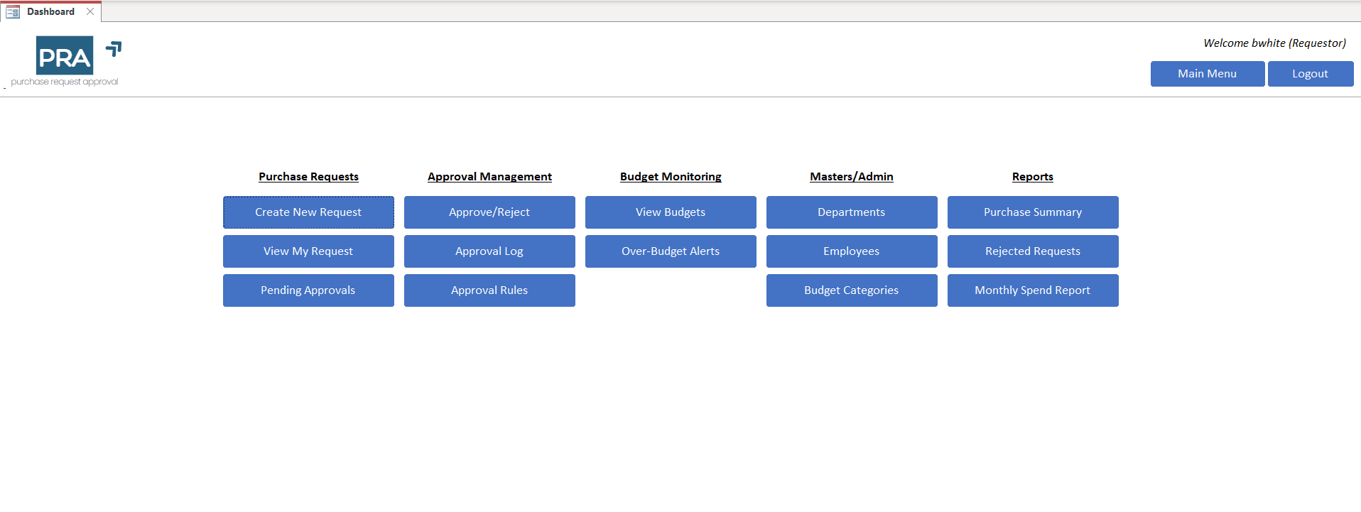 Purchase Request Approval Main Screen
