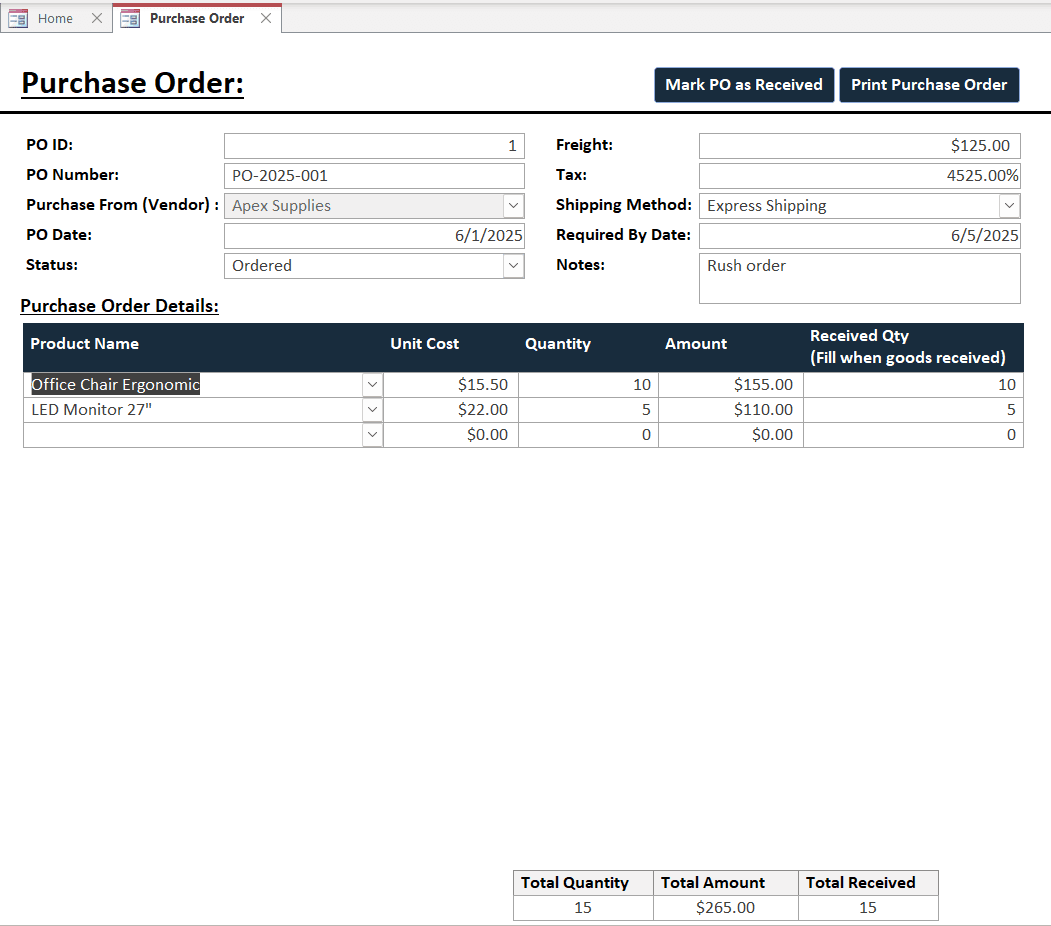 Order Management – Access Inventory Tracker